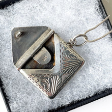 Carica l'immagine nel visualizzatore di Gallery, Vintage English Silver Stamp Case Pendant. Engraved Miniature Envelope Stamp Holder. Edwardian/Victorian Style Love Letter Keepsake Locket.