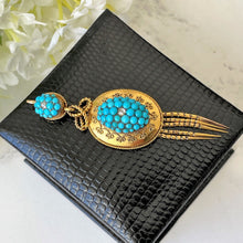 Carica l'immagine nel visualizzatore di Gallery, Etruscan Revival 18ct Gold Turquoise & Diamond Pendant. Antique Victorian Yellow Gold "Target" Drop Pendant. 18K Gold Cannetille Pendant