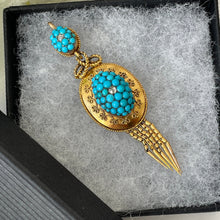 Carica l'immagine nel visualizzatore di Gallery, Etruscan Revival 18ct Gold Turquoise & Diamond Pendant. Antique Victorian Yellow Gold "Target" Drop Pendant. 18K Gold Cannetille Pendant