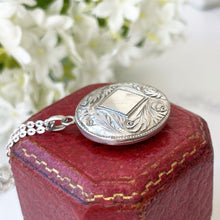 Carica l'immagine nel visualizzatore di Gallery, Vintage Sterling Silver Art Nouveau Style Locket On Chain. Edwardian Revival 2-Sided Acanthus & Crocus Flower Hand Engraved Locket Necklace