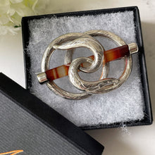 Carica l'immagine nel visualizzatore di Gallery, Victorian Scottish Silver Banded Agate Ouroboros Snake Brooch. Antique Lovers Knot/Eternity Celtic Brooch. Victorian Scottish Pebble Jewelry