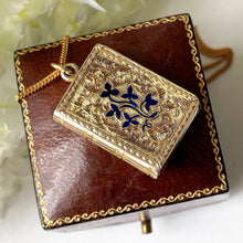 Carica l'immagine nel visualizzatore di Gallery, Victorian 9ct Gold Enamel Book Locket. Antique 2-Sided Engraved Forget-Me-Not & Ivy Photo Locket With Keepsake Compartment. Gold Love Token