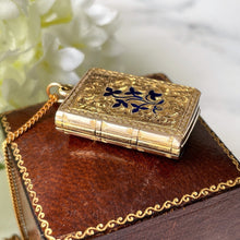Carica l'immagine nel visualizzatore di Gallery, Victorian 9ct Gold Enamel Book Locket. Antique 2-Sided Engraved Forget-Me-Not & Ivy Photo Locket With Keepsake Compartment. Gold Love Token