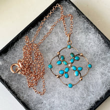 Carica l'immagine nel visualizzatore di Gallery, Victorian 9ct Gold, Turquoise and Pearl Gem Set Pendant. Antique Art Nouveau Rose Gold Quatrefoil Flower Pendant & Chain. .