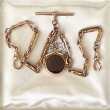 Charger l'image dans la galerie, Victorian 1886 9ct Gold Pocket Watch Chain & Spinner Fob. All Original Double Albert/Albertina Fancy Link 12" Watch Chain, 2 Dog Clips,T-Bar