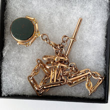 Charger l'image dans la galerie, Victorian 1886 9ct Gold Pocket Watch Chain & Spinner Fob. All Original Double Albert/Albertina Fancy Link 12" Watch Chain, 2 Dog Clips,T-Bar