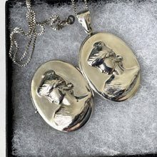 Carica l'immagine nel visualizzatore di Gallery, Vintage Sterling Silver Classical Greek Maiden Portrait Locket. Large Oval Repousse Locket Pendant & Chain. Art Nouveau Style Necklace