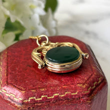 Carica l'immagine nel visualizzatore di Gallery, Vintage Victorian Revival 9ct Gold Spinner Fob Pendant. Green Chalcedony & Onyx Yellow Gold Pendant Charm. British Hallmarked 1966 Fob.