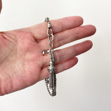 Carica l'immagine nel visualizzatore di Gallery, Victorian Sterling Silver Albertina Watch Chain Bracelet. Antique Neoclassical Fancy Link Sterling Chain Bracelet, Tassel Charm & Dog-Clip