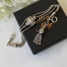 Carica l'immagine nel visualizzatore di Gallery, Victorian Sterling Silver Albertina Watch Chain Bracelet. Antique Neoclassical Fancy Link Sterling Chain Bracelet, Tassel Charm & Dog-Clip
