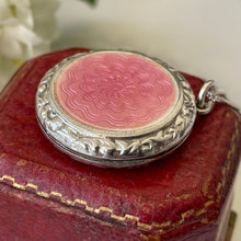 Carica l'immagine nel visualizzatore di Gallery, Vintage Art Deco English Silver Guilloche Enamel Locket. Ribbon Engraved Pink Enamel Flower Locket. 1940s Round Photo Locket & Chain.