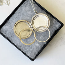 Carica l'immagine nel visualizzatore di Gallery, Vintage Art Deco English Silver Guilloche Enamel Locket. Ribbon Engraved Pink Enamel Flower Locket. 1940s Round Photo Locket & Chain.