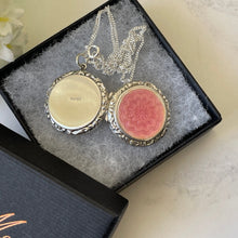 Carica l'immagine nel visualizzatore di Gallery, Vintage Art Deco English Silver Guilloche Enamel Locket. Ribbon Engraved Pink Enamel Flower Locket. 1940s Round Photo Locket & Chain.