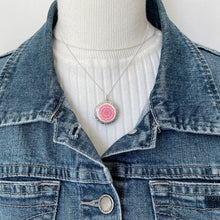 Carica l'immagine nel visualizzatore di Gallery, Vintage Art Deco English Silver Guilloche Enamel Locket. Ribbon Engraved Pink Enamel Flower Locket. 1940s Round Photo Locket & Chain.