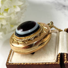 Carica l'immagine nel visualizzatore di Gallery, Victorian 18ct Gold On Silver Bullseye Locket. Antique Scottish Banded Agate Starburst Pendant. Large Etruscan Revival Photo Keepsake Locket