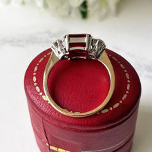 Carica l'immagine nel visualizzatore di Gallery, Vintage Art Deco 9ct Gold Ruby & White Sapphire Ring. Square/Princess Cut Pink Ruby 3-Stone Trilogy Engagement Ring, Size UK M/ US 6.75