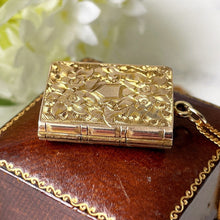 Carica l'immagine nel visualizzatore di Gallery, Victorian 9ct Gold Enamel Book Locket. Antique 2-Sided Engraved Forget-Me-Not & Ivy Photo Locket With Keepsake Compartment. Gold Love Token