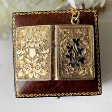 Carica l'immagine nel visualizzatore di Gallery, Victorian 9ct Gold Enamel Book Locket. Antique 2-Sided Engraved Forget-Me-Not & Ivy Photo Locket With Keepsake Compartment. Gold Love Token