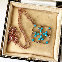 Carica l'immagine nel visualizzatore di Gallery, Victorian 9ct Gold, Turquoise and Pearl Gem Set Pendant. Antique Art Nouveau Rose Gold Quatrefoil Flower Pendant & Chain. .