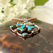 Carica l'immagine nel visualizzatore di Gallery, Victorian 9ct Gold, Turquoise and Pearl Gem Set Pendant. Antique Art Nouveau Rose Gold Quatrefoil Flower Pendant & Chain. .