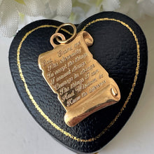 Load image into Gallery viewer, Vintage 9ct Gold Serenity Prayer Pendant. Yellow Gold Figural Engraved Spiritual Manuscript/Scroll Bracelet Charm/Pendant & Optional Chain