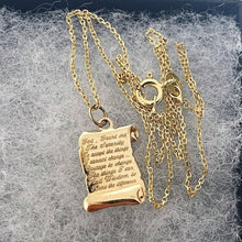 Load image into Gallery viewer, Vintage 9ct Gold Serenity Prayer Pendant. Yellow Gold Figural Engraved Spiritual Manuscript/Scroll Bracelet Charm/Pendant & Optional Chain