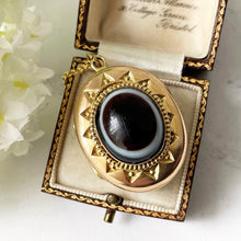 Carica l'immagine nel visualizzatore di Gallery, Victorian 18ct Gold On Silver Bullseye Locket. Antique Scottish Banded Agate Starburst Pendant. Large Etruscan Revival Photo Keepsake Locket