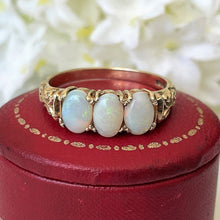 Carica l'immagine nel visualizzatore di Gallery, Vintage 9ct Gold 3-Stone Opal Ring. Edwardian Revival Trilogy Ring. Antique Style Past Present & Future Ring Size M.5/6.5
