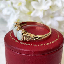 Carica l'immagine nel visualizzatore di Gallery, Vintage 9ct Gold 3-Stone Opal Ring. Edwardian Revival Trilogy Ring. Antique Style Past Present & Future Ring Size M.5/6.5