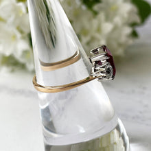 Carica l'immagine nel visualizzatore di Gallery, Vintage Art Deco 9ct Gold Ruby & White Sapphire Ring. Square/Princess Cut Pink Ruby 3-Stone Trilogy Engagement Ring, Size UK M/ US 6.75