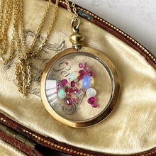Carica l'immagine nel visualizzatore di Gallery, Antique 9ct Gold Glass Shaker Locket Pendant Filled with Opals & Rubies. Victorian Rolled Gold/Gold Filled Picture Pendant On Chain.