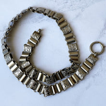 Carica l'immagine nel visualizzatore di Gallery, Victorian Engraved German Silver Book Chain Necklace. Antique Fancy Link Chain Collar Necklace. Bookchain Locket Necklace & Bolt Ring