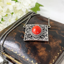 Charger l'image dans la galerie, Antique Fine Silver Filigree Red Coral Necklace. Edwardian/Victorian Natural Coral Sterling Silver Necklace. Art Nouveau Pendant Necklace