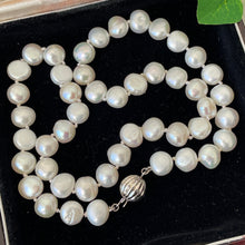 Load image into Gallery viewer, Vintage Sterling Silver Freshwater Pearl Necklace. Bright White Button Pearl Princess Length Necklace. Natural Pearl 18&quot; Beaded Necklace.
