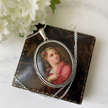 Load image into Gallery viewer, Antique Italian Sterling Silver Portrait Pendant &amp; Chain. Victorian Hand-Painted Large Oval Portrait Miniature Pendant Necklace
