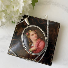 Carica l'immagine nel visualizzatore di Gallery, Antique Italian Sterling Silver Portrait Pendant & Chain. Victorian Hand-Painted Large Oval Portrait Miniature Pendant Necklace