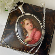 Carica l'immagine nel visualizzatore di Gallery, Antique Italian Sterling Silver Portrait Pendant & Chain. Victorian Hand-Painted Large Oval Portrait Miniature Pendant Necklace