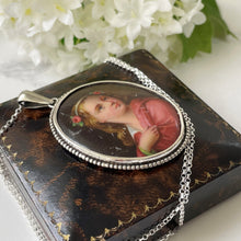 Carica l'immagine nel visualizzatore di Gallery, Antique Italian Sterling Silver Portrait Pendant & Chain. Victorian Hand-Painted Large Oval Portrait Miniature Pendant Necklace