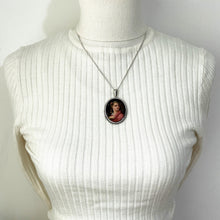 Carica l'immagine nel visualizzatore di Gallery, Antique Italian Sterling Silver Portrait Pendant & Chain. Victorian Hand-Painted Large Oval Portrait Miniature Pendant Necklace