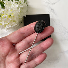 Carica l'immagine nel visualizzatore di Gallery, Victorian Whitby Jet Stick Pin. Antique Carved Monogram English Jet Pin. Black Gemstone Lapel/Tie/Cravat/Stock Pin. Antique Mourning Jewelry