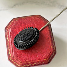 Carica l'immagine nel visualizzatore di Gallery, Victorian Whitby Jet Stick Pin. Antique Carved Monogram English Jet Pin. Black Gemstone Lapel/Tie/Cravat/Stock Pin. Antique Mourning Jewelry