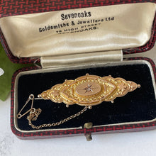 Carica l'immagine nel visualizzatore di Gallery, Victorian 9ct Gold Star Set Diamond Brooch In Box. Antique Etruscan Revival Marquise Brooch With Locket Compartment. Lapel/Cravat/Stock Pin