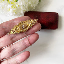 Carica l'immagine nel visualizzatore di Gallery, Victorian 9ct Gold Star Set Diamond Brooch In Box. Antique Etruscan Revival Marquise Brooch With Locket Compartment. Lapel/Cravat/Stock Pin