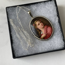 Carica l'immagine nel visualizzatore di Gallery, Antique Italian Sterling Silver Portrait Pendant & Chain. Victorian Hand-Painted Large Oval Portrait Miniature Pendant Necklace