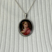 Carica l'immagine nel visualizzatore di Gallery, Antique Italian Sterling Silver Portrait Pendant & Chain. Victorian Hand-Painted Large Oval Portrait Miniature Pendant Necklace