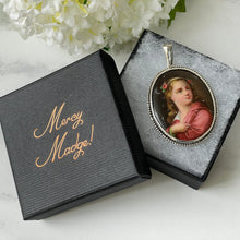 Carica l'immagine nel visualizzatore di Gallery, Antique Italian Sterling Silver Portrait Pendant & Chain. Victorian Hand-Painted Large Oval Portrait Miniature Pendant Necklace