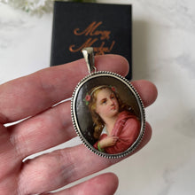 Carica l'immagine nel visualizzatore di Gallery, Antique Italian Sterling Silver Portrait Pendant & Chain. Victorian Hand-Painted Large Oval Portrait Miniature Pendant Necklace