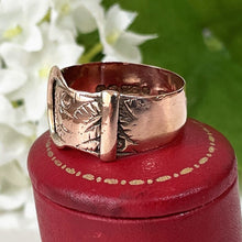 Carica l'immagine nel visualizzatore di Gallery, Antique English 9ct Rose Gold Buckle Ring, 1916. Edwardian Love Token/Sweetheart Ring. Floral Engraved Wide Band Ring Size UK N-1/2, US 7