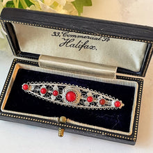 Carica l'immagine nel visualizzatore di Gallery, Antique Red Coral & Silver Bar Brooch. Edwardian Art Nouveau Fine Silver Filigree Gemstone Lapel Pin. Alternative Antique Cravat/Stock Pin