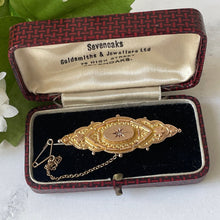 Carica l'immagine nel visualizzatore di Gallery, Victorian 9ct Gold Star Set Diamond Brooch In Box. Antique Etruscan Revival Marquise Brooch With Locket Compartment. Lapel/Cravat/Stock Pin